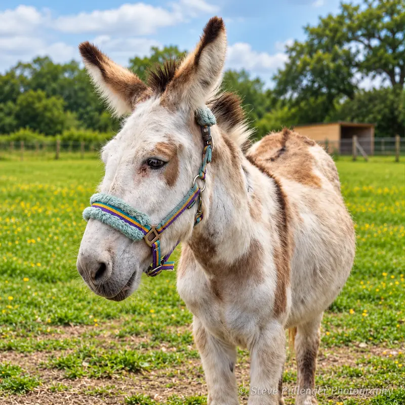Close-up of a brown and white donkey in a colourful head collar in a sunny paddock